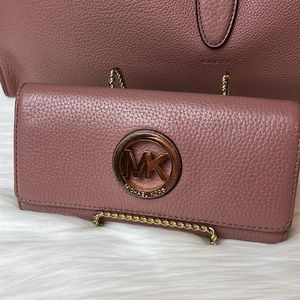Michael Kors Fulton Flap Continental Pebbled Leather Antique Rose Wallet